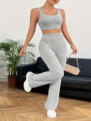  Solid Knit Crop Tank Top & Loose Pants Lounge Set