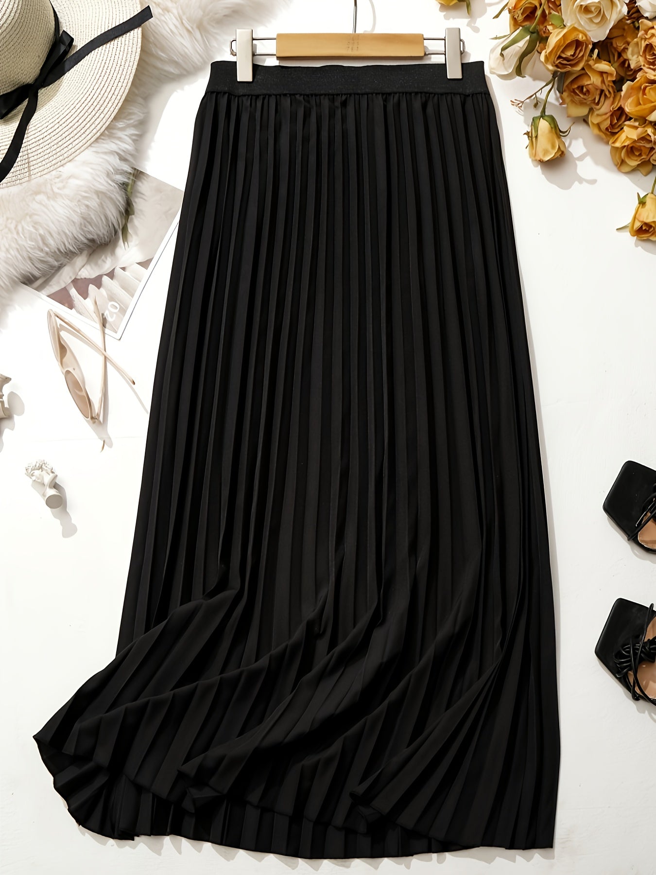  Solid Elastic Waisted A line Swing Skirt