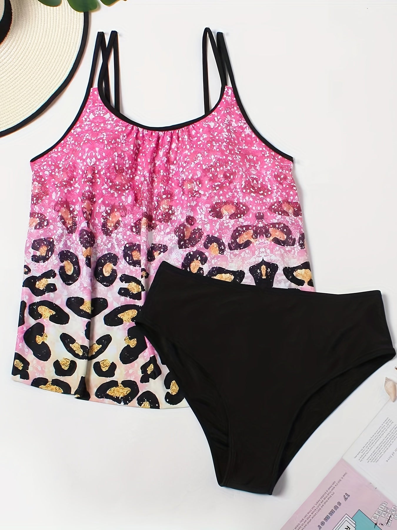  Gradient Glitter Leopard Print Tankini Set