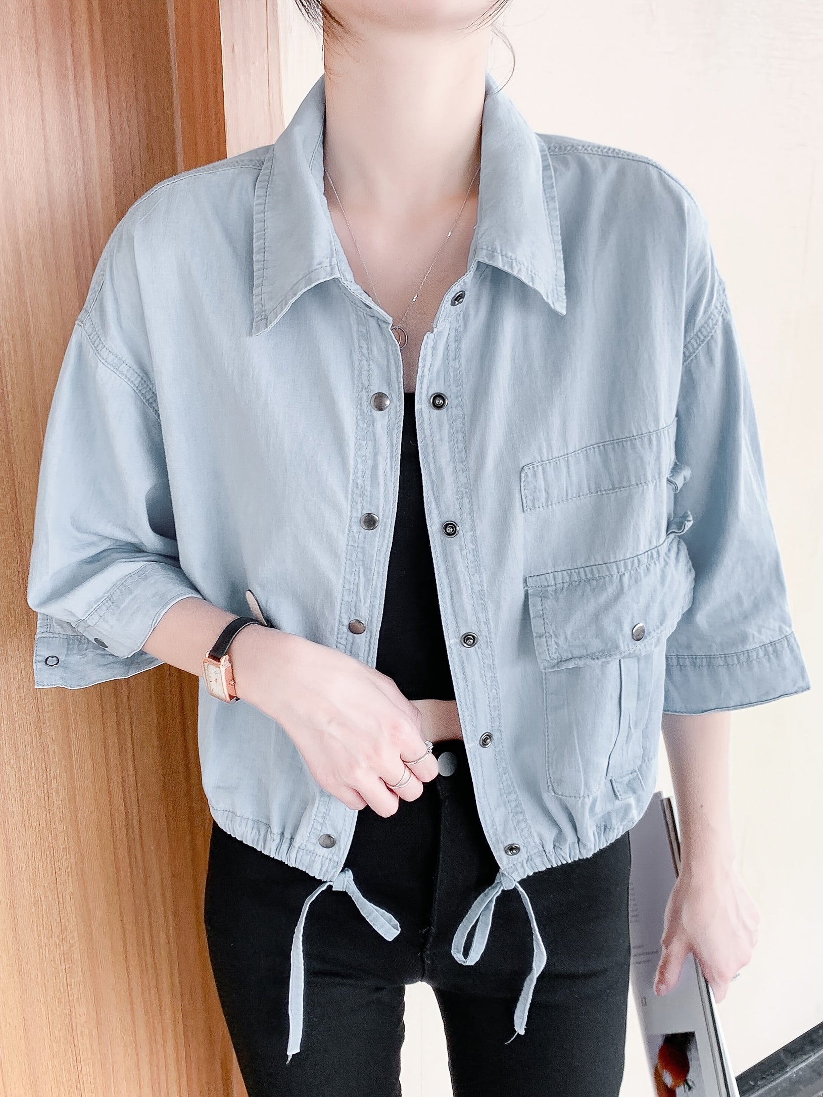  Denim Button Down Half Sleeve Shirt