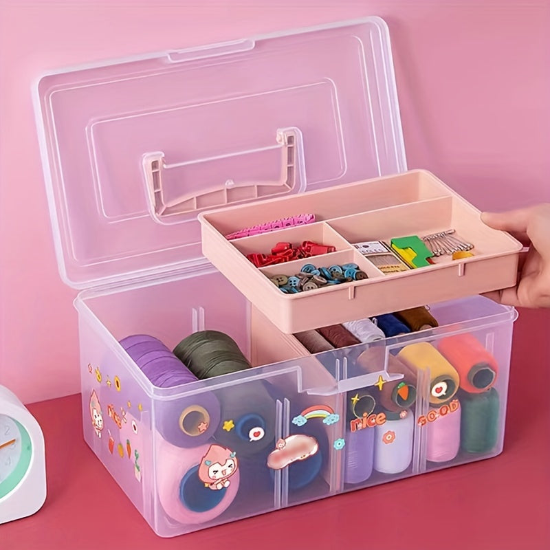 Portable 2 Tier Sewing & Knitting Supplies Storage Box with Removable Tray