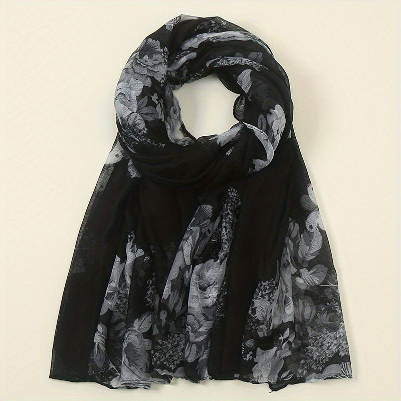 Vintage Flower Print Voile Scarf Butterfly Plants Windproof Shawl
