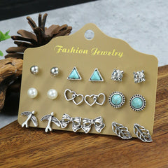 Folklore Silver Geometric Earrings w/ Zicron Turquoise Stud