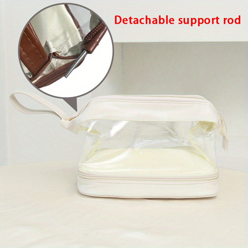 Clear Faux Leather Makeup Bag Waterproof Double Compartment Cosmetic Bag