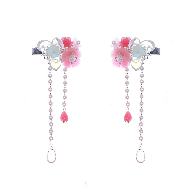 Vintage Chinese Hanfu Hairclip Pearl Flower Leaf Tassel Barrette