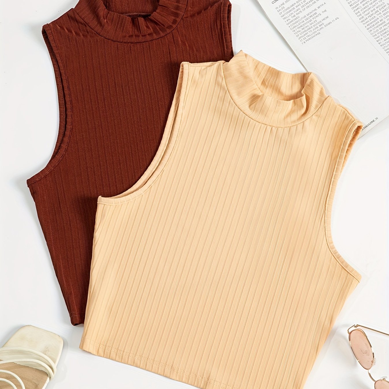 Solid Mock Neck Tank Top Sleeveless Casual Summer Women's Top