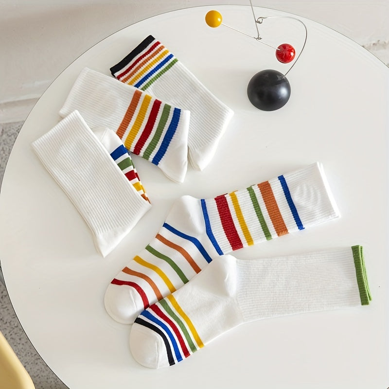 5 Pairs Rainbow Striped Socks College Style Women's Stockings