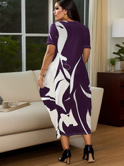 Abstract Print Short Sleeve Round Neck Baggy Dress