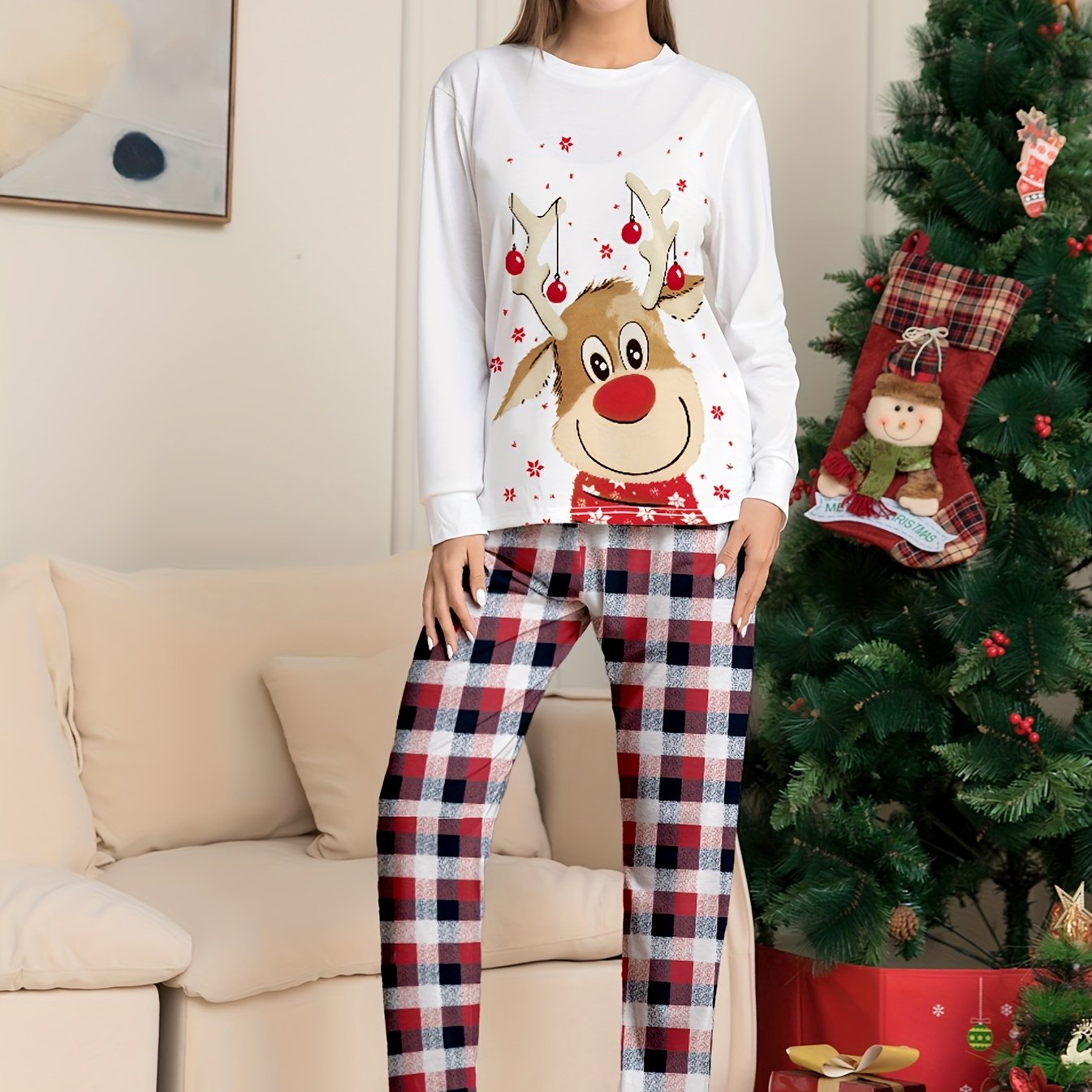 Reindeer Print Pajama Set Long Sleeve Top & Plaid Pants Women's Sleepwear