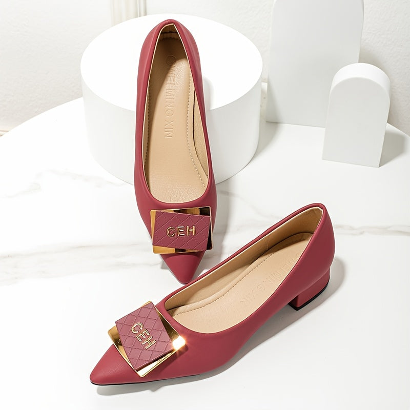 Women's Metallic Buckle Slip On Block Heel Shoes