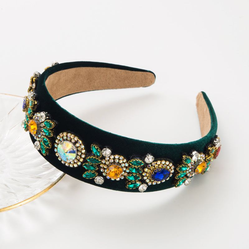 Vintage Velvet Wide Headband with Crystal Beads Flower Hair Hoop