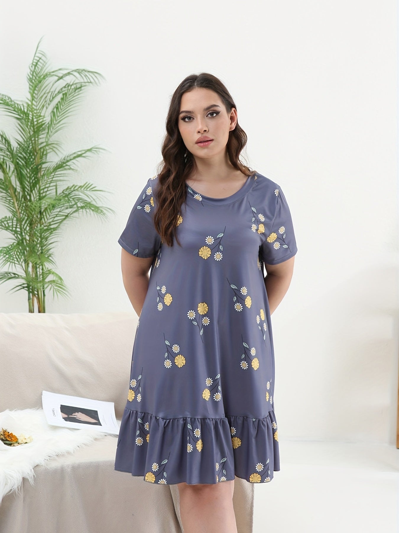  Floral Print Ruffle Trim Nightdress