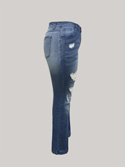  High Stretch Flare Leg Jeans Women's Button Fly Ripped Casual Denim