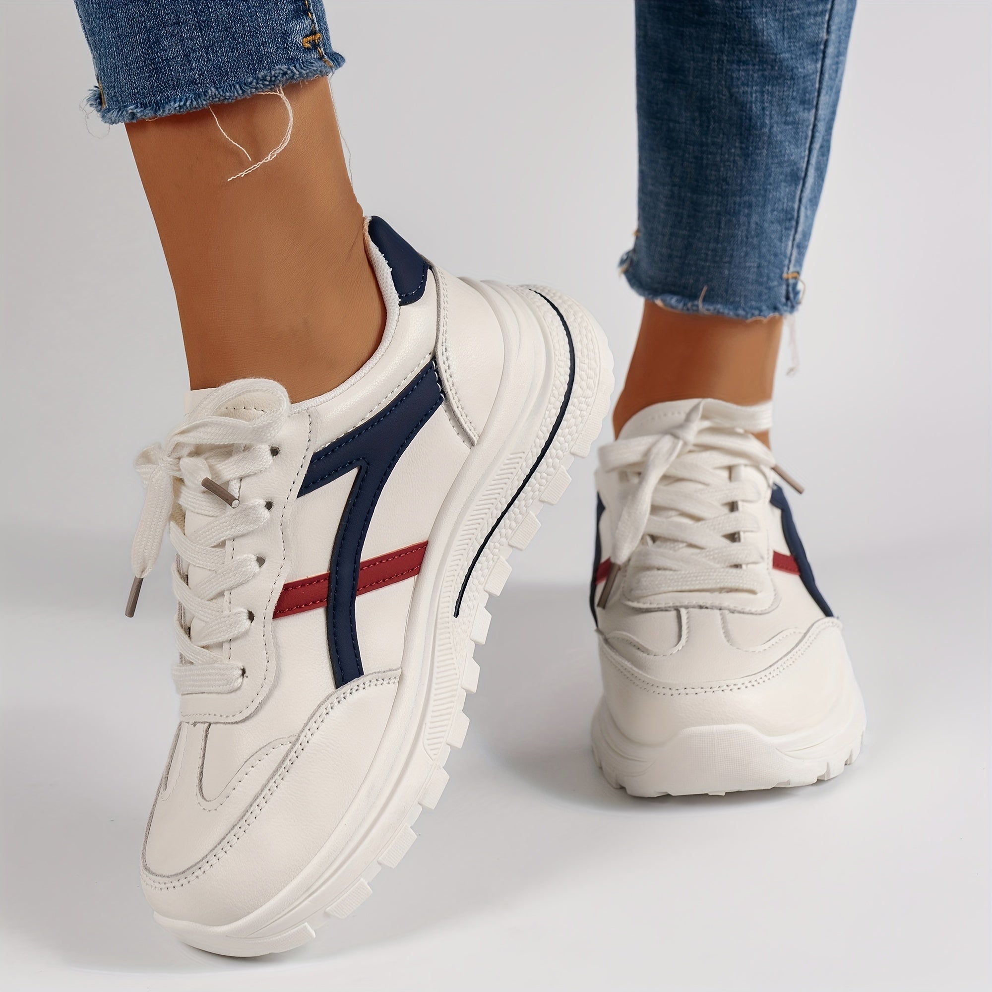 Women's Colorblock Flatform Sneakers Lace Up Low Round Toe Casual Shoes