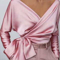  Satin Long Sleeve V Neck Tie Side Crop Wrap Blouse