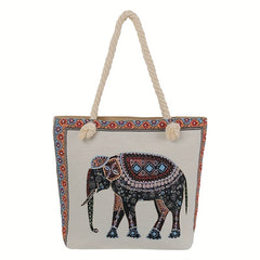 Ethnic Style Elephant Pattern Tote Bag Vintage Large Capacity Beach Bag