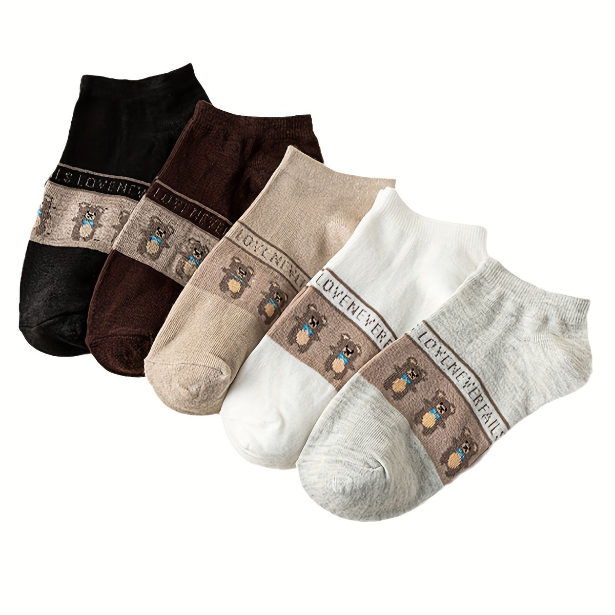5 Pairs Cartoon Bear Print Socks Low Cut Women's Stockings