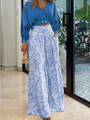 Solid Surplice Neck Top & Floral Wide Leg Pants Set