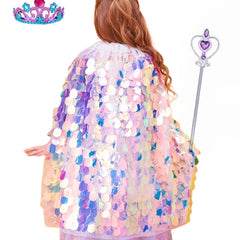 Girls Princess Cape Sequin Glitter Party Prop Kids Halloween Cloak Crown Cosplay