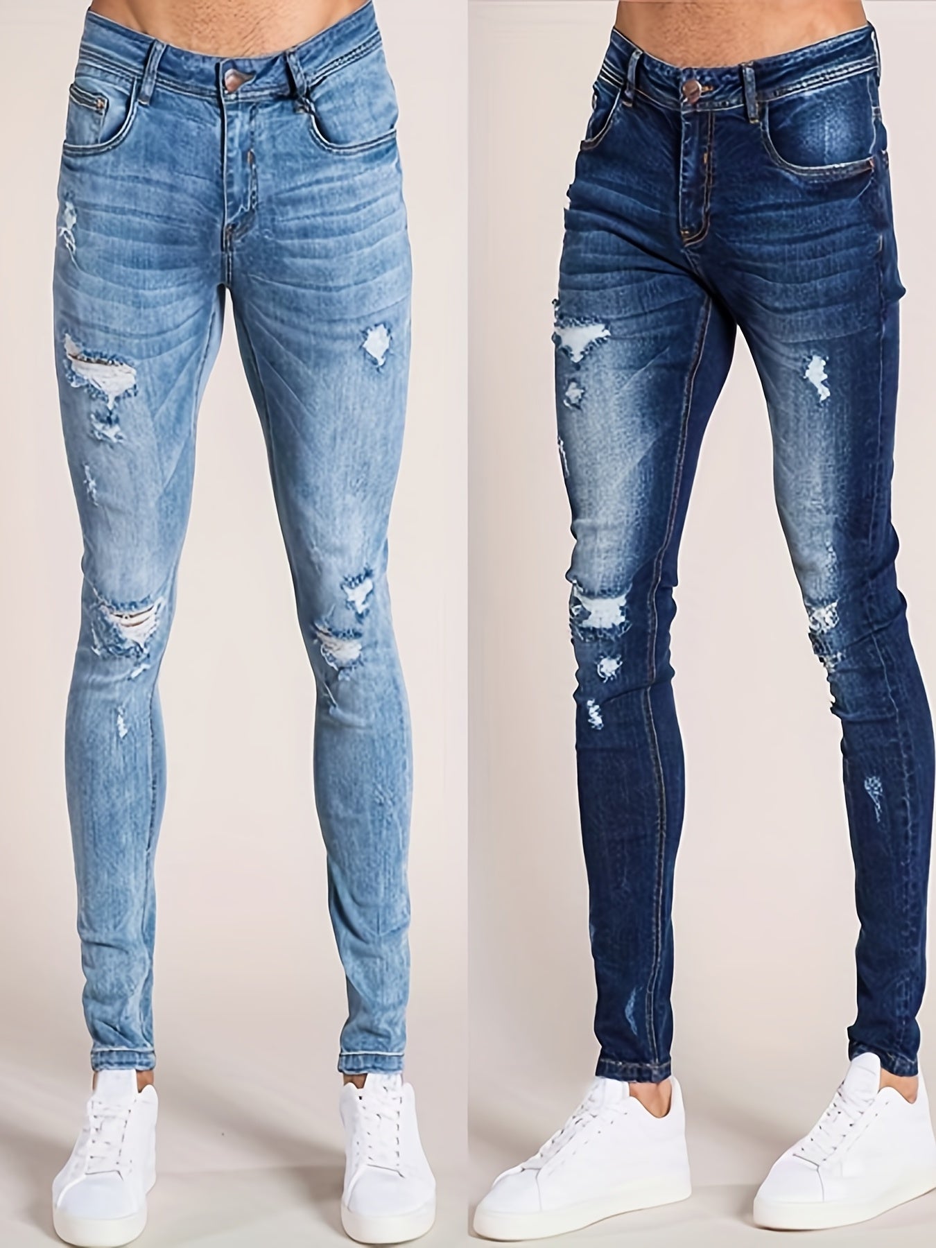 Men's Slim Fit Ripped Jeans Distressed Mid Stretch Denim Pants