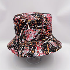 Graffiti Striped Print Bucket Hat Vintage Reversible Fisherman Cap Red Brown Sun