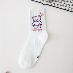 4 Pairs Cartoon Bear Print Socks Women's Mid Tube Stockings