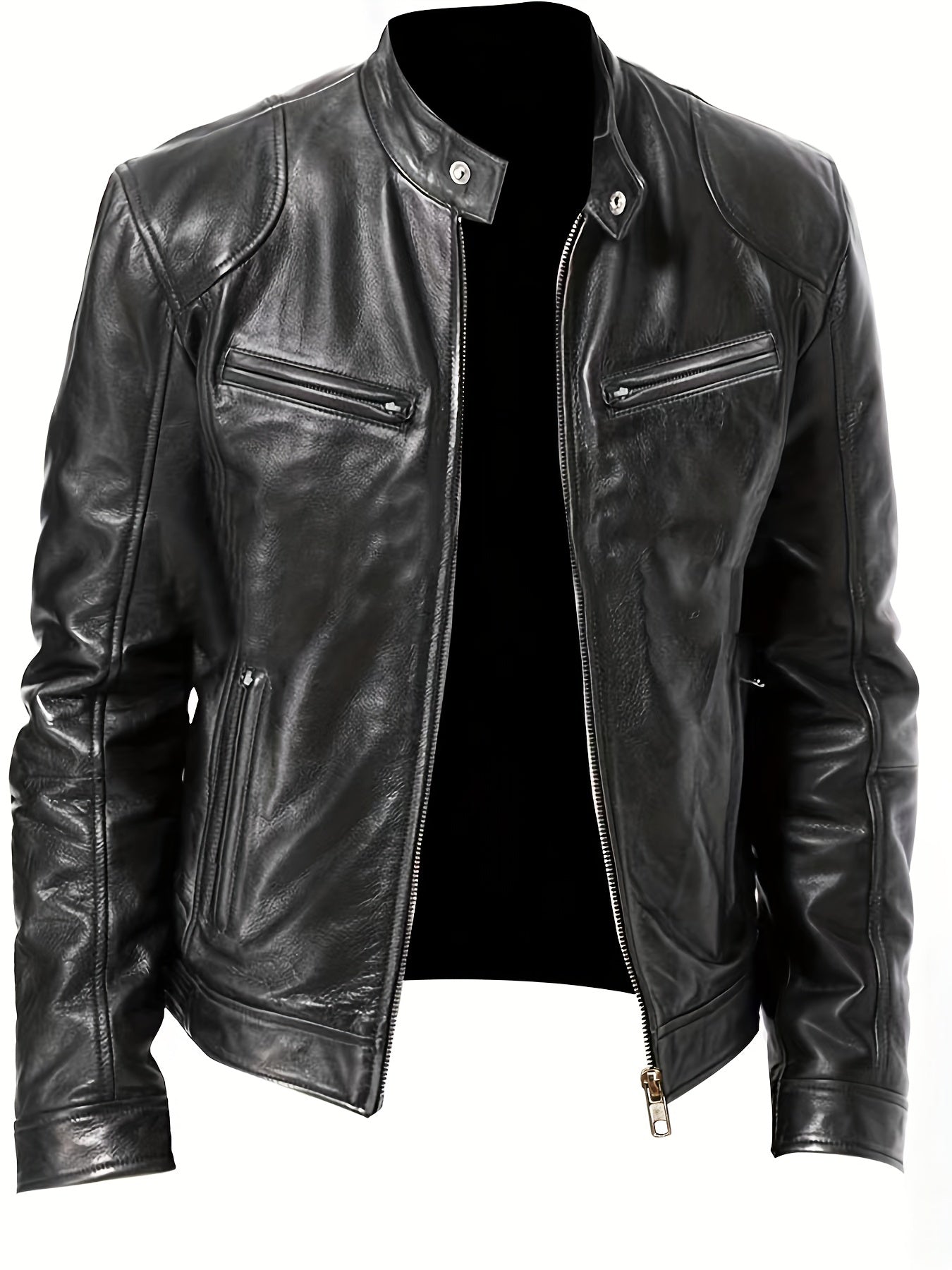 Stylish PU Biker Jacket Men's Casual Zip Up Faux Leather Jacket