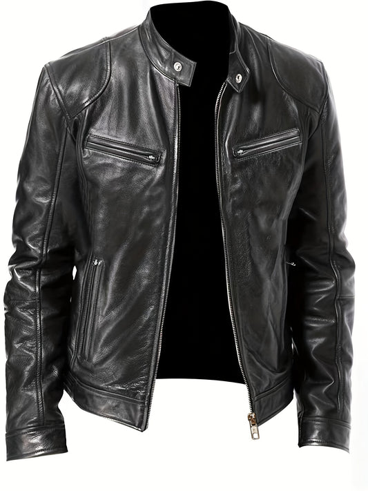 Stylish PU Biker Jacket Men's Casual Zip Up Faux Leather Jacket