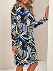  Geometric Print Long Sleeve Tee Dress