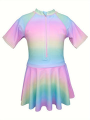 Girls Gradient Short Sleeve Half Zip Swimwear Comfy Bathing Suit