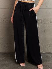 Sporty Plus Size Striped Print Side Tie Waist Loose Trousers