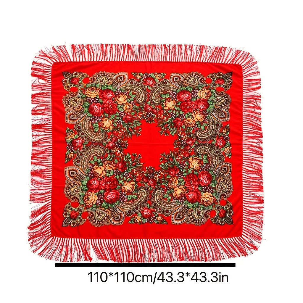 Boho Square Scarf Tassel Flower Print Shawl Vintage Cape Women's Cardigan