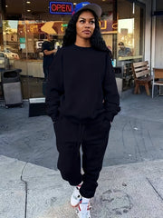 Solid Workout Set Crew Neck Long Sleeve Tops & Pants Outfits
