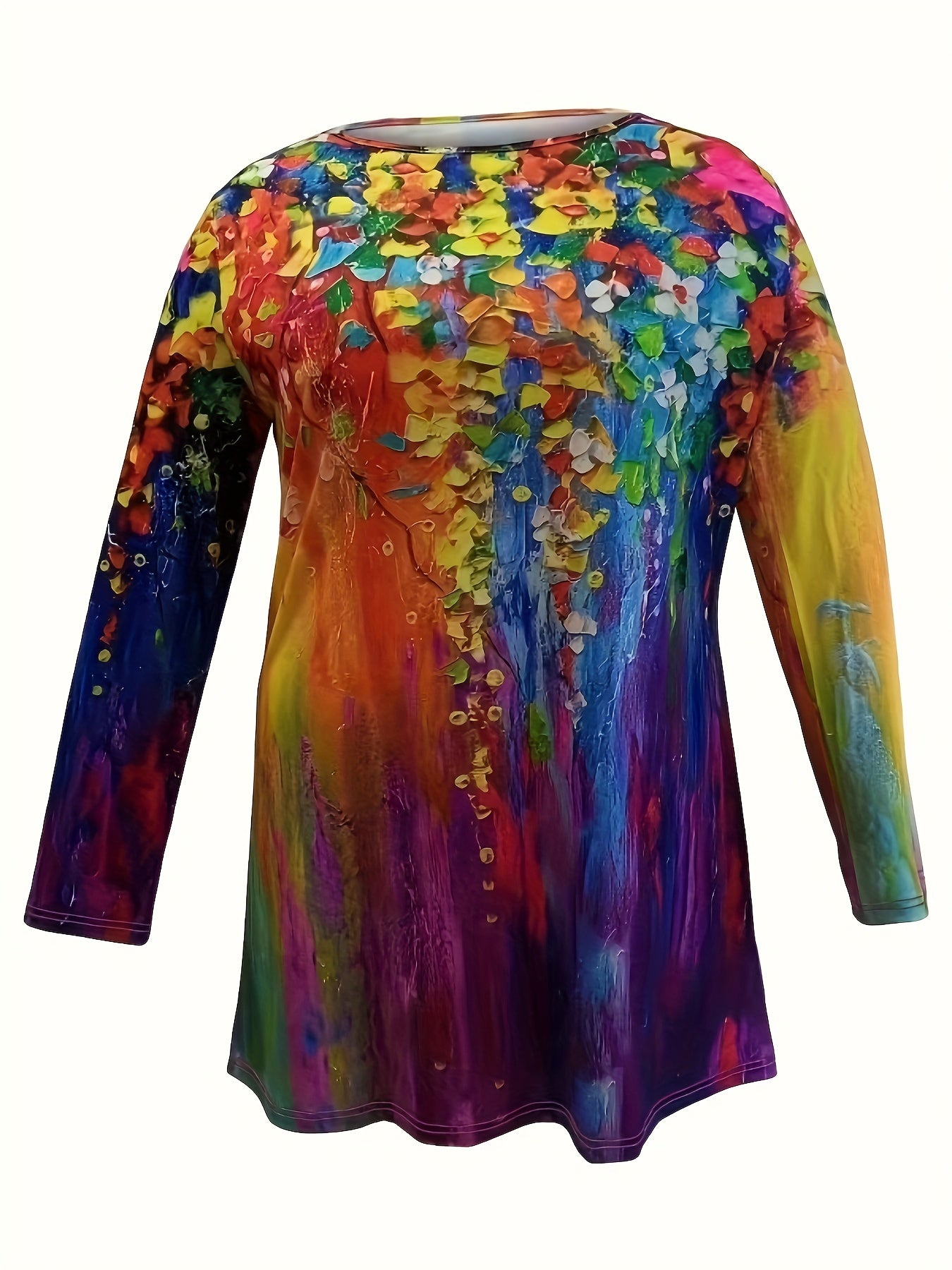  Floral Painting Print Long Sleeve Tee Dress