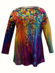  Floral Painting Print Long Sleeve Tee Dress