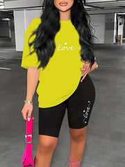 Letter Print Lounge Set Short Sleeve Top & Biker Shorts Women's Pajamas