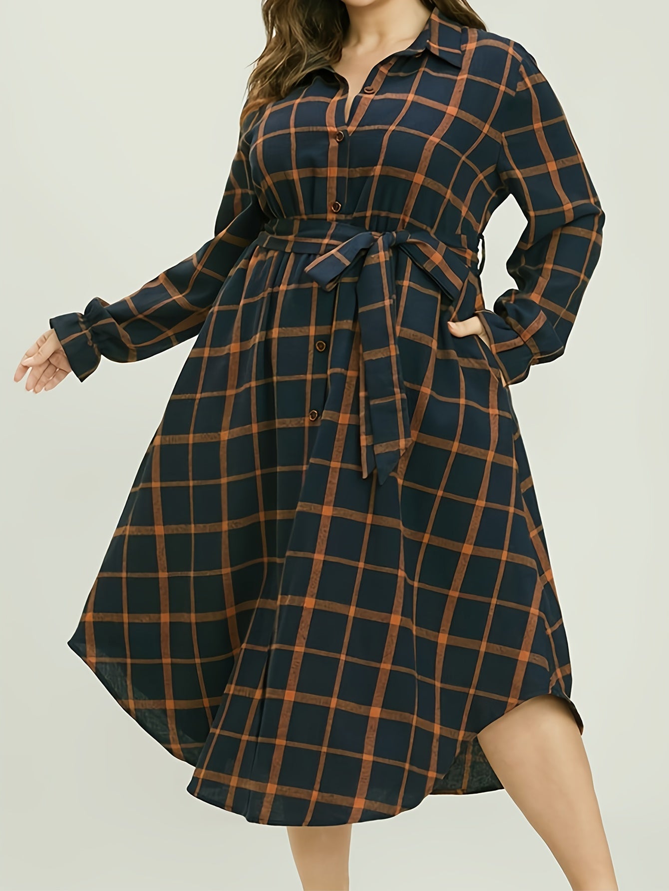  Plaid Print Button Up Long Sleeve Dress With Belt