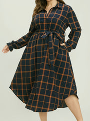  Plaid Print Button Up Long Sleeve Dress With Belt
