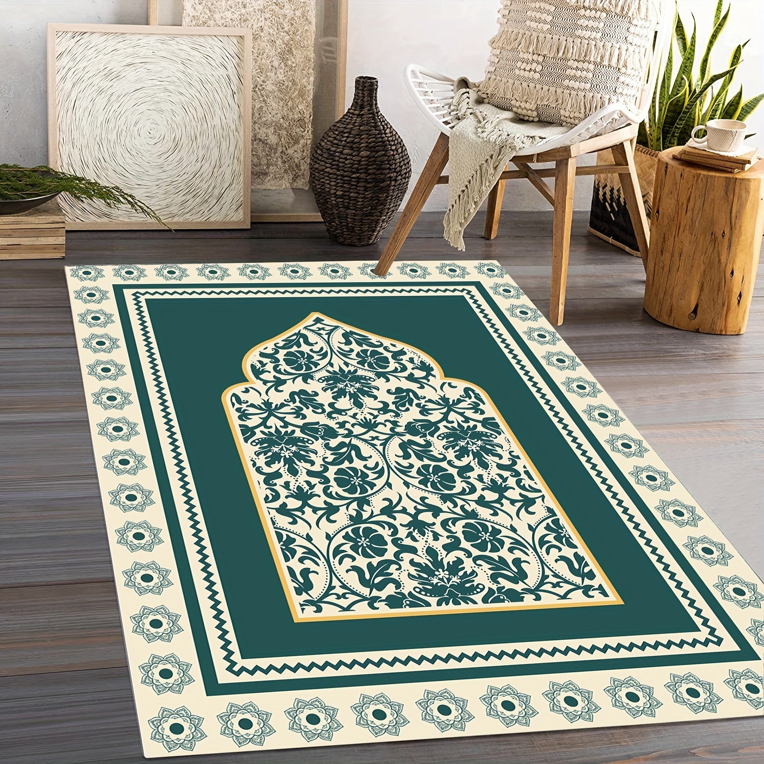 Vintage Floral Prayer Rug Non-Slip Mat Machine Washable