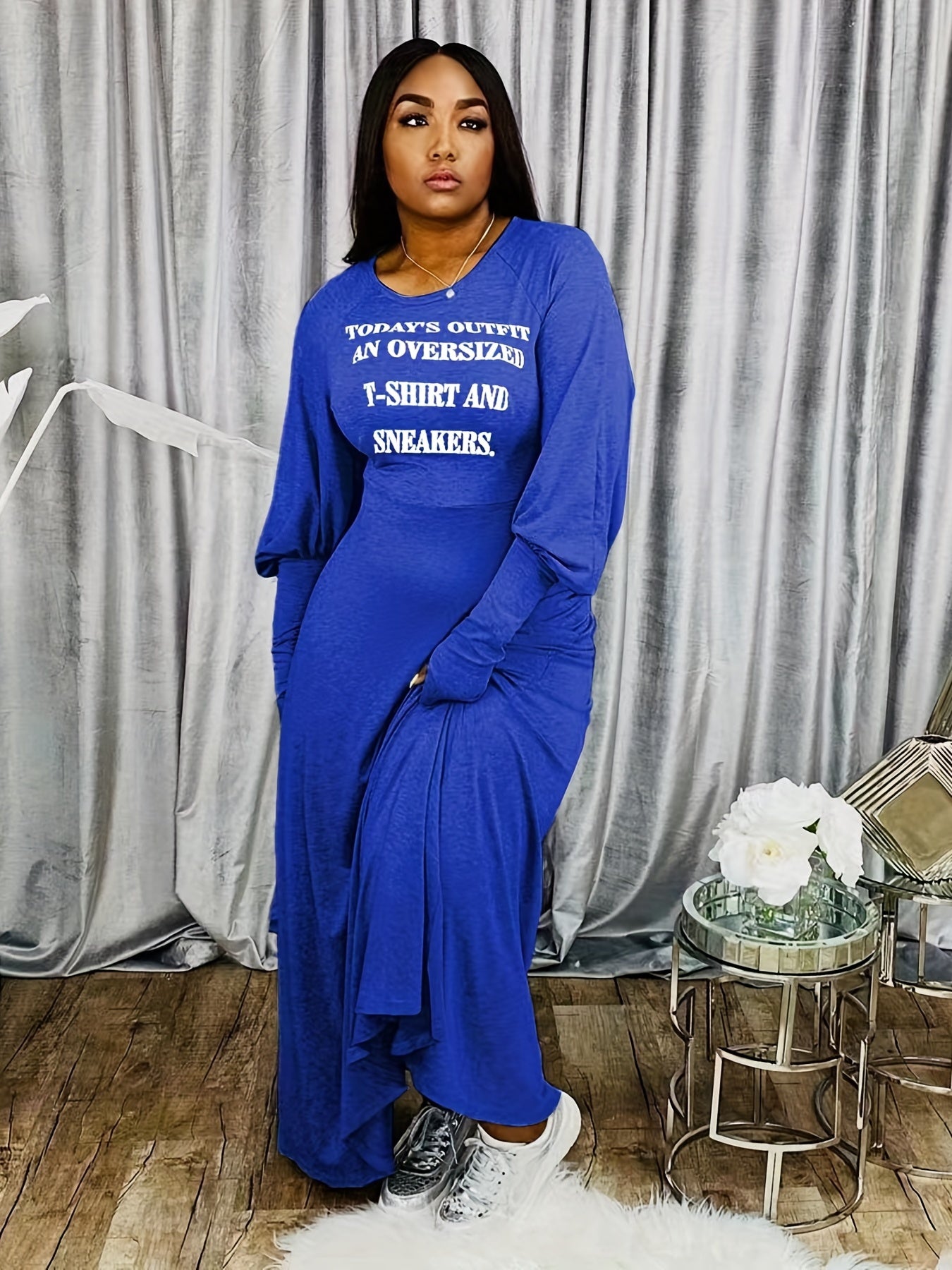  Slogan Print Long Sleeve Maxi Dress