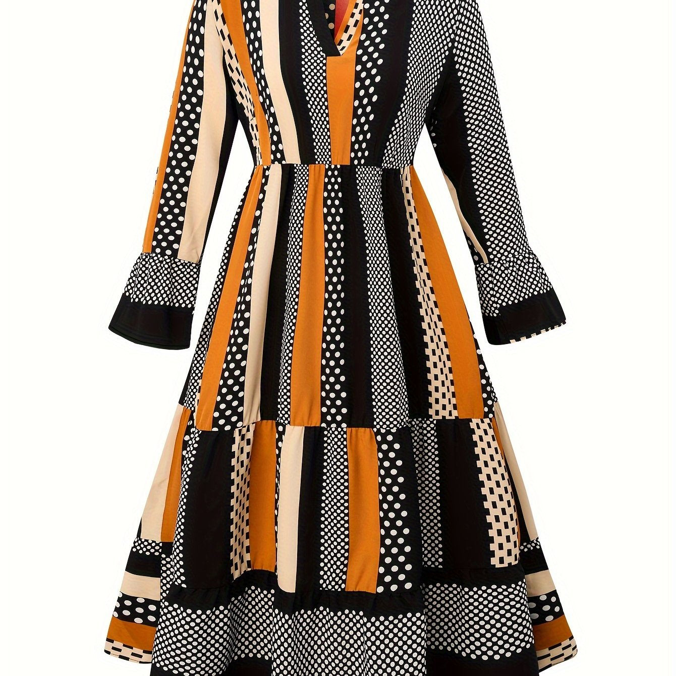  Colorblock Dot & Stripe Flounce Sleeve Smock Dress