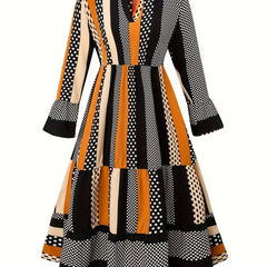  Colorblock Dot & Stripe Flounce Sleeve Smock Dress