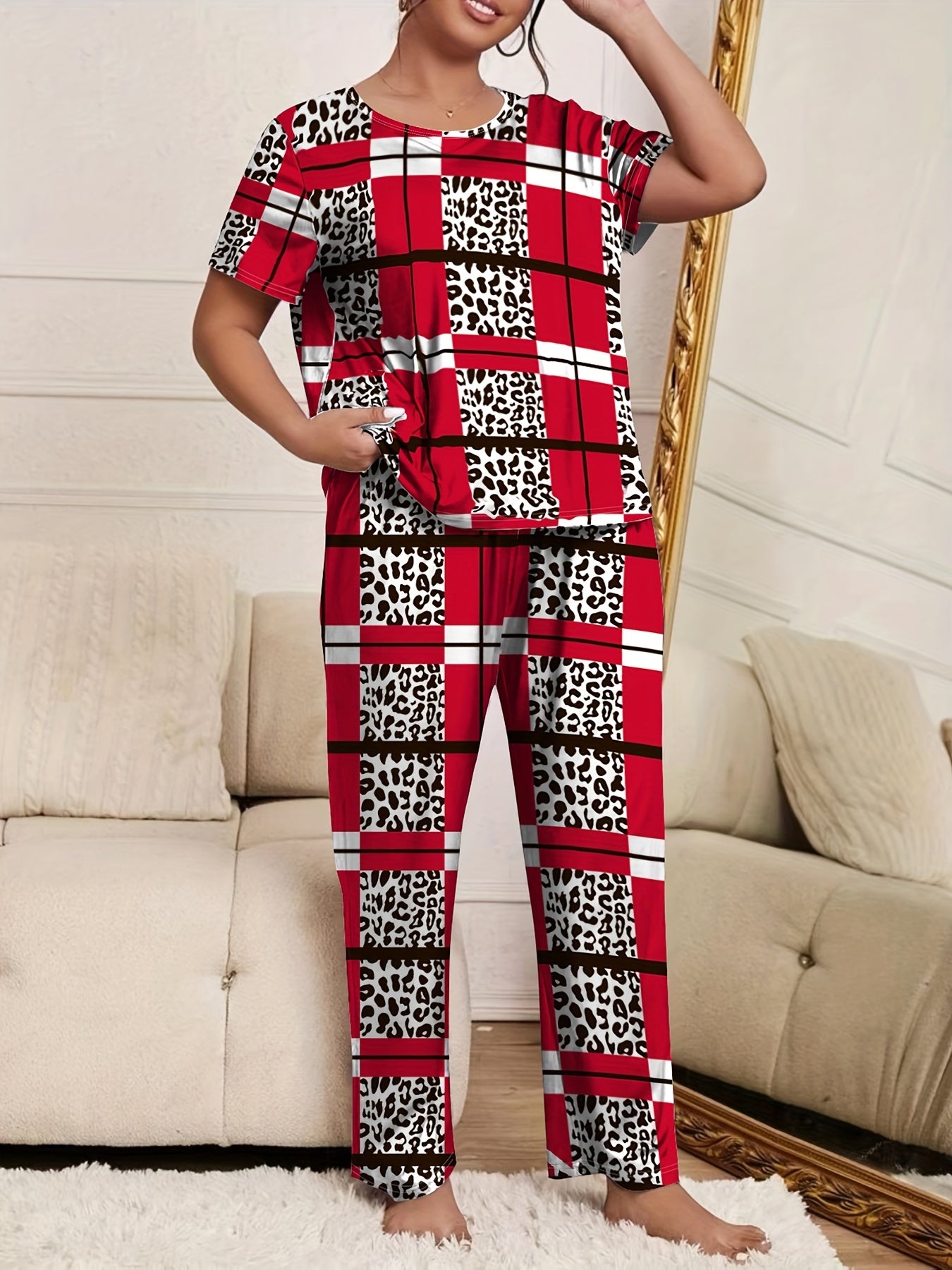  Leopard & Stripe Print Pajama Set Women's Tee & Pants