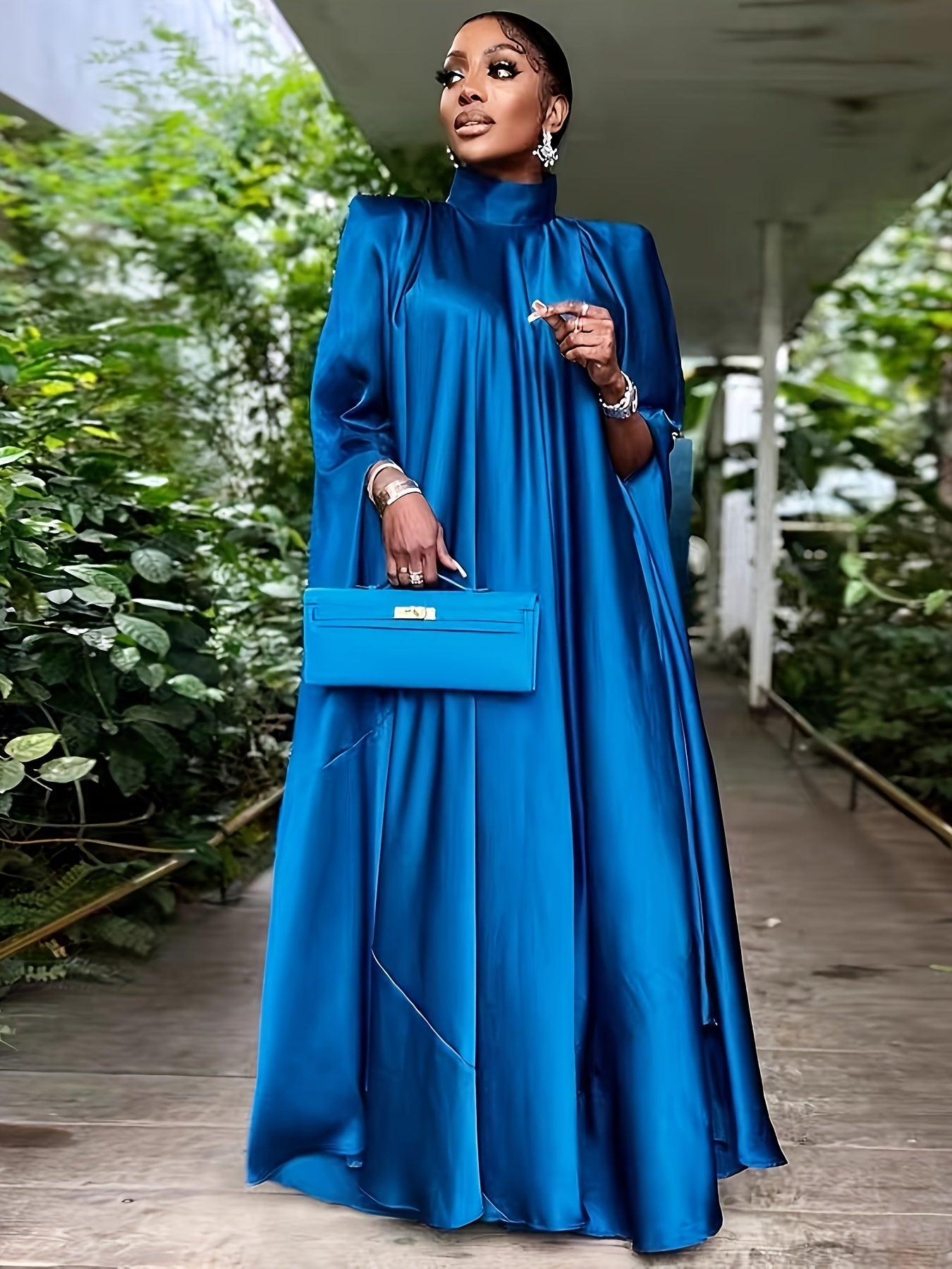 Satin Bat Sleeve Maxi Caftan Dress
