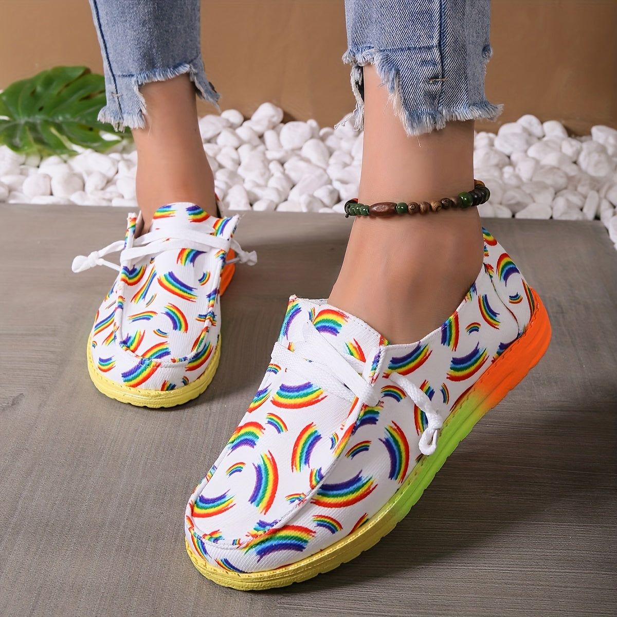 Women's Rainbow Print Canvas Shoes Casual Lace Up Outdoor Shoes
