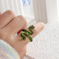 Green Snake Shaped Glass Ring Handcrafted Artistic Accessory Birthstone Jewelry