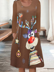  Reindeer Print Long Sleeve Round Neck Knee Length Dress