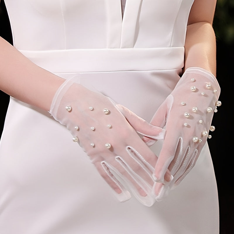 Short Lace Gloves with Pearl Embellishments for Weddings