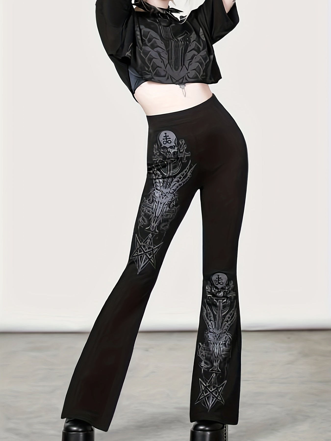  Gothic Pants Women's Plus Graphic Print Flared Leg Trousers