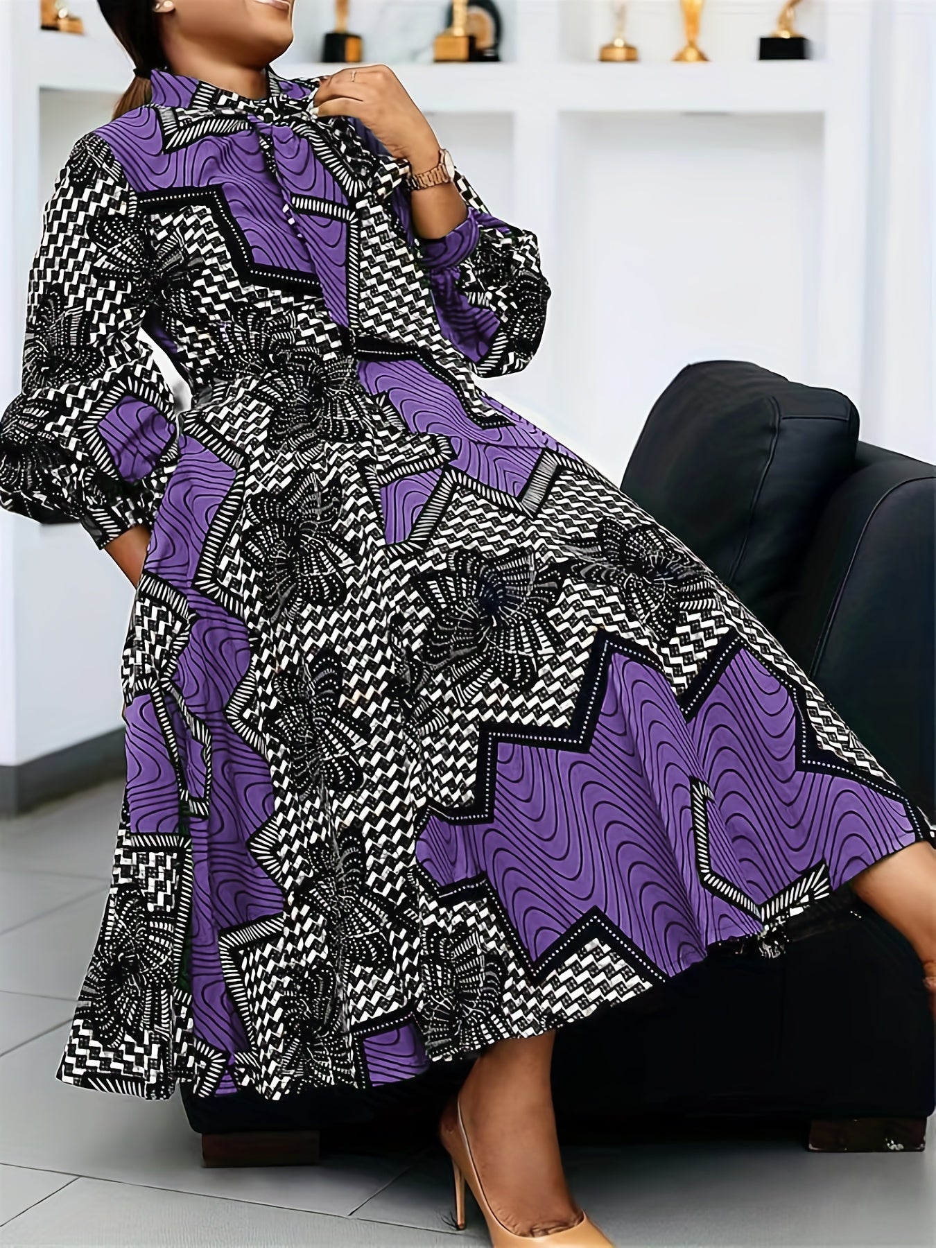  Colorblock Geometric Print Lantern Sleeve Midi Dress